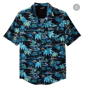NWT KC Island Black & Green Colorful Tropical Palm Print Button Up Shirt